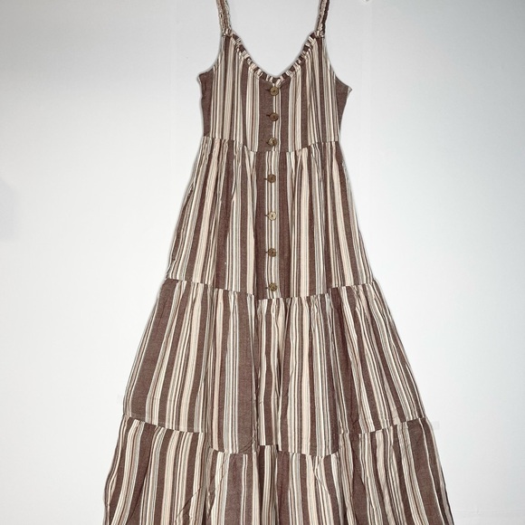 𝅺new Roxy Breeze on By Brown Beige Stripe Button Up Tiered Dress US S - Picture 5 of 11